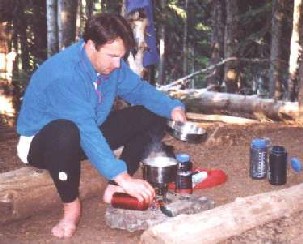 cooking dehydrated trail food at Mystic Lake, on the Wonderland Trail, which circles Mt. Rainier