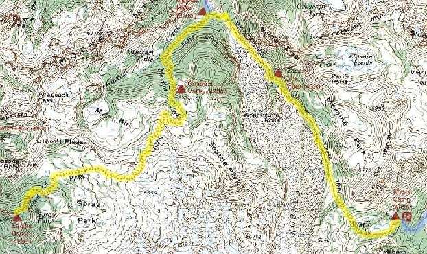 Day's distance was 11.2 miles and a total elevation gain/loss of about 8,440 feet (One Tough Day!) Topo map of Wonderland Trail - Mystic Lake to Eagle's Roost