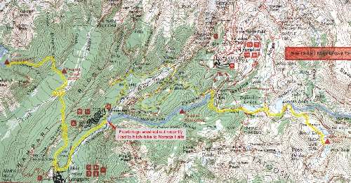 Day's distance along the Wonderland Trail was 11.8 miles with a total elevation gain and loss of about 4,400 feet. It was a long day hiking, but not too much vertical. Wonderland Trail topo map - Devil's Dream to Snow Lake