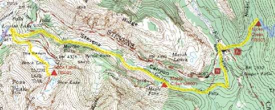 Day's distance along the Wonderland Trail was 9.0 miles with a total elevation gain and loss of about 2,400 feet. The flattest section of the whole trail! Wonderland Trail topo map - Snow Lake to Nickle Creek